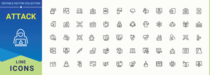 Attack linear icon set. Security line icon set. Perfect for logos and infographic. Featuring security, hacker, hacking, cyber, fraud, hack and more. Editable vector stroke.