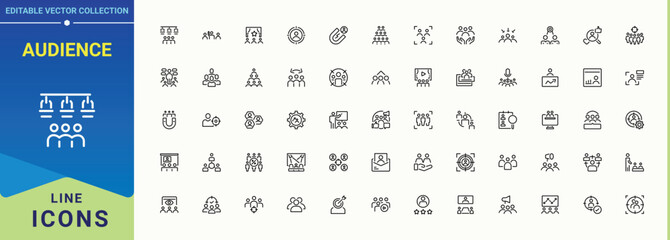 Audience line icon set. Collection for mobile and web apps. Editable stroke. Vector collection. Speak icon set. Contain linear symbols team, brainstorm, presentation, conference and more.
