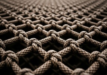 Fototapeta premium Interwoven Rope Texture Background - Close-up of a woven rope net, symbolizing connection, strength, unity, security, and intricate design