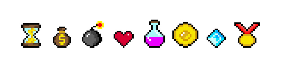 Fototapeta premium Set of pixel gaming icons. Game in 8-bit style. Pixel elements apple, coin, crystal, sword, shield, potion, heart. Items for retro video games. Vector