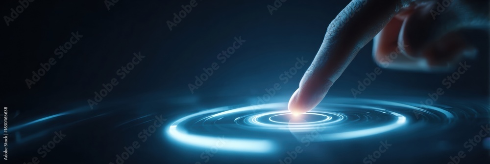 Poster touching a digital surface to create ripples of light in a dark environment at dawn