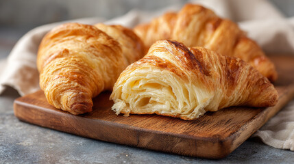 A croissant is a buttery, flaky, viennoiserie pastry of Austrian origin. Croissants are named for crescent shape and are made of a layered yeast-leavened dough called laminating.