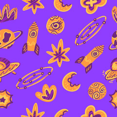 Colorful Abstract Space Elements &ndash; Hand Drawn Planets, Stars, Rocket, and UFO Illustration