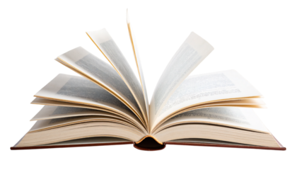 Open book with turning pages, knowledge and learning concept on transparent background