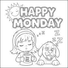 A sleepy but determined little girl holds a coffee mug with 'You Got This!' written on it. Beside her is a yawning dog with droopy eyes.