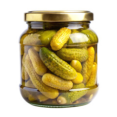 Glass jar filled with dill pickles isolated on transparent background