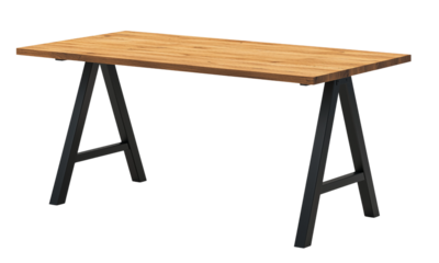 A modern wooden table with a striped surface and sturdy black legs, suitable for various settings.