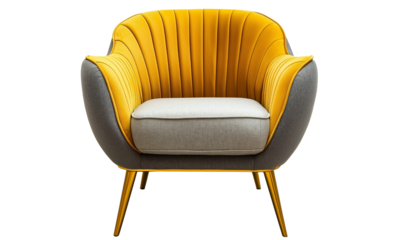 A modern armchair featuring bold yellow and gray upholstery with a unique ribbed design and sleek metal legs.