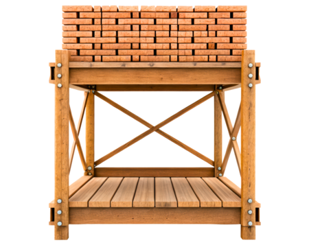 Wooden construction scaffolding holding a stack of red bricks on a transparent background - Powered by Adobe