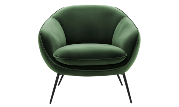 A stylish green armchair with a rounded design and sleek legs, perfect for modern interiors. - Powered by Adobe