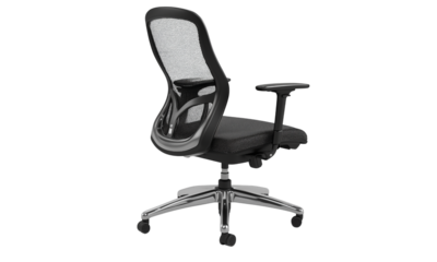 Ergonomic office chair with mesh back and adjustable armrests on a wheeled base.