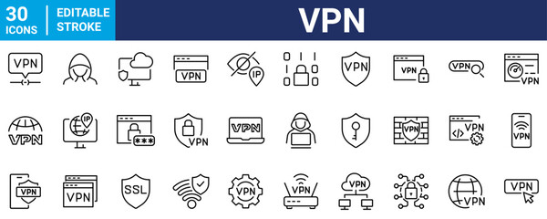 VPN Web Icon Set in Line Style. Collection of Internet security, Including privacy, proxy, firewall, online protection, cybersecurity, privacy, secure connection and more. Editable Stroke