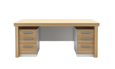 A wooden office desk with multiple drawers and a smooth surface, designed for workspace organization and functionality.