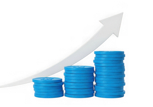 Stacks of blue coins with an upward trending arrow indicating growth isolated on transparent background