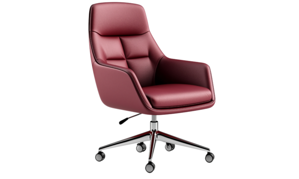 A modern ergonomic chair with a sleek design and rich burgundy upholstery, featuring a polished chrome base and rolling casters for mobility.