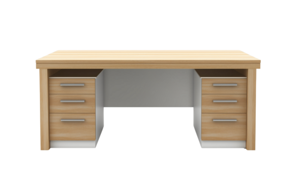 A wooden office desk with multiple drawers and a smooth surface, designed for workspace organization and functionality.