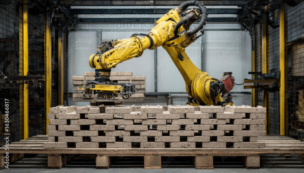 Poster a robotic arm efficiently stacks bricks on pallets in a warehouse, showcasing advanced automation an