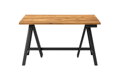 Wooden table with a striped surface supported by a black frame.
