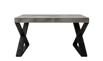 A wooden table with a textured surface and sturdy, geometrically designed legs.