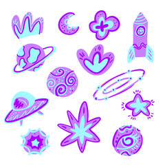 Colorful Abstract Space Elements &ndash; Hand Drawn Planets, Stars, Rocket, and UFO Illustration