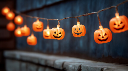 Orange pumpkins string of lights hanging outdoors, Halloween decor