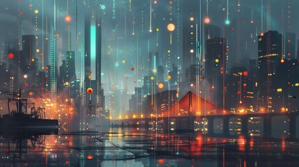 Fototapeta premium AI circuits forming a project Gantt chart with glowing bridges, illustrating automated planning, 2025 trend