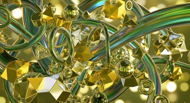 Futuristic Metallic Abstract with Iridescent Tubes and Golden Crystals on Luminous Bokeh Background