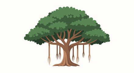 Stylized Banyan Tree Illustration with Spreading Canopy and Aerial Roots Depicted in Detailed Vector Graphics