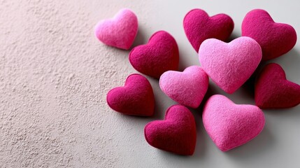 Fototapeta premium A bunch of pink hearts are arranged on a white background. The hearts are all different sizes and are placed in various positions. Scene is one of love and affection