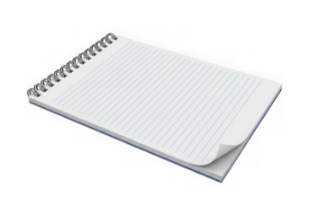 A blank spiralbound notebook with lined pages is isolated on a transparent background