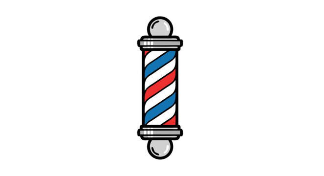 Iconic barbershop pole with swirling red, white and blue stripes, a symbol of grooming tradition and a recognizable landmark in the world of barbering