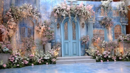 Floral-adorned, light-blue facade with vintage-style doors