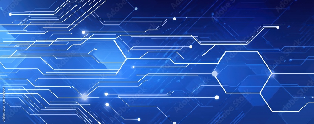Poster blue technology background with white lines and geometric shapes, high-tech vector banner design for