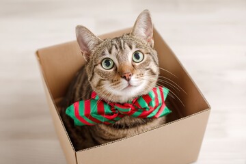 Naklejka premium Tabby Cat with Festive Bow Tie Sitting in Cardboard Box.