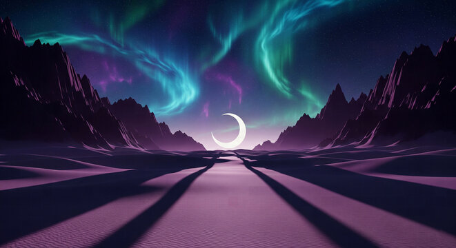 A stunning landscape with colorful northern lights and a crescent moon illuminating desert sand dunes and mountains under a starry night sky - Powered by Adobe
