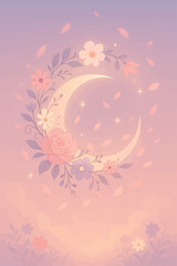 Dreamy pastel illustration of a glowing crescent moon adorned with delicate flowers and falling petals, set against a soft twilight sky with twinkling stars, perfect for greeting cards, wall art, and 