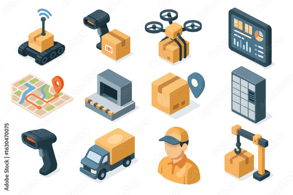 Poster icon loading control robot optimization logistics vector icons warehouse courier remote panel