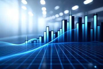 Futuristic blue digital financial bar chart and line graph with glowing grid background