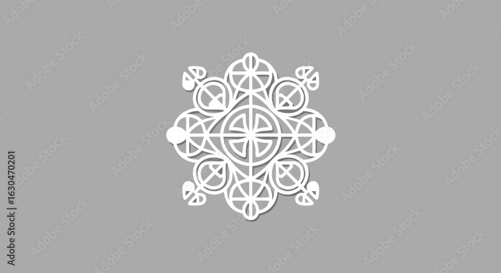 Poster delicate geometric ornament with intricate patterns forming a symmetrical composition against a sere