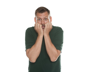 Man suffering from panic attack on white background