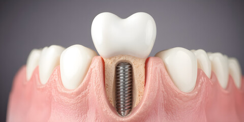 A tooth implant screwed into the jaw between other teeth, a cross-sectional view of happiness.