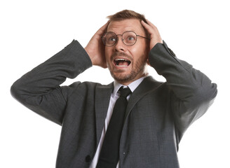 Businessman suffering from panic attack on white background