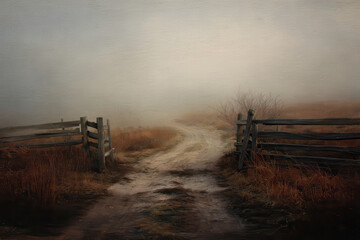 Fototapeta premium Misty rural pathway leading into an open field during an overcast autumn day, mysterious atmosphere