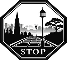Stop Sign Cityscape and Railway