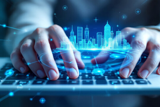 Hands typing on a keyboard with a futuristic digital city overlay