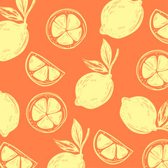 Seamless Lemon Pattern &ndash; Hand Drawn Citrus Fruit on Orange Background