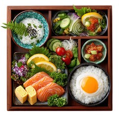 Japanese Bento Box with Salmon Sashimi, Tamagoyaki, Rice, Fried Egg, and Assorted Vegetables, a Healthy and Colorful Meal in a Traditional Wooden Box, Perfect for Lunch or Dinner