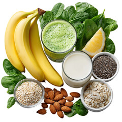Healthy Green Smoothie Ingredients on Black Background: Bananas, Spinach, Lemon, Almonds, Chia Seeds, Oats, Milk, and Quinoa for a Nutritious and Delicious Drink or Meal Replacement, Perfect for a