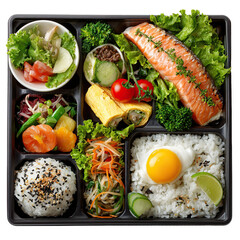 Overhead View of a Japanese Bento Box with Grilled Salmon, Tamagoyaki, Rice with Fried Egg, and Fresh Salad, a Healthy and Balanced Meal for Lunch or Dinner, Served in a Black Container
