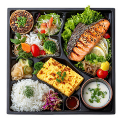 Japanese Bento Box with Grilled Salmon, Tamagoyaki, Rice, Salad, and Miso Soup - A Nutritious and Delicious Meal in a Traditional Presentation, Perfect for Healthy Eating and Balanced Diet Concepts